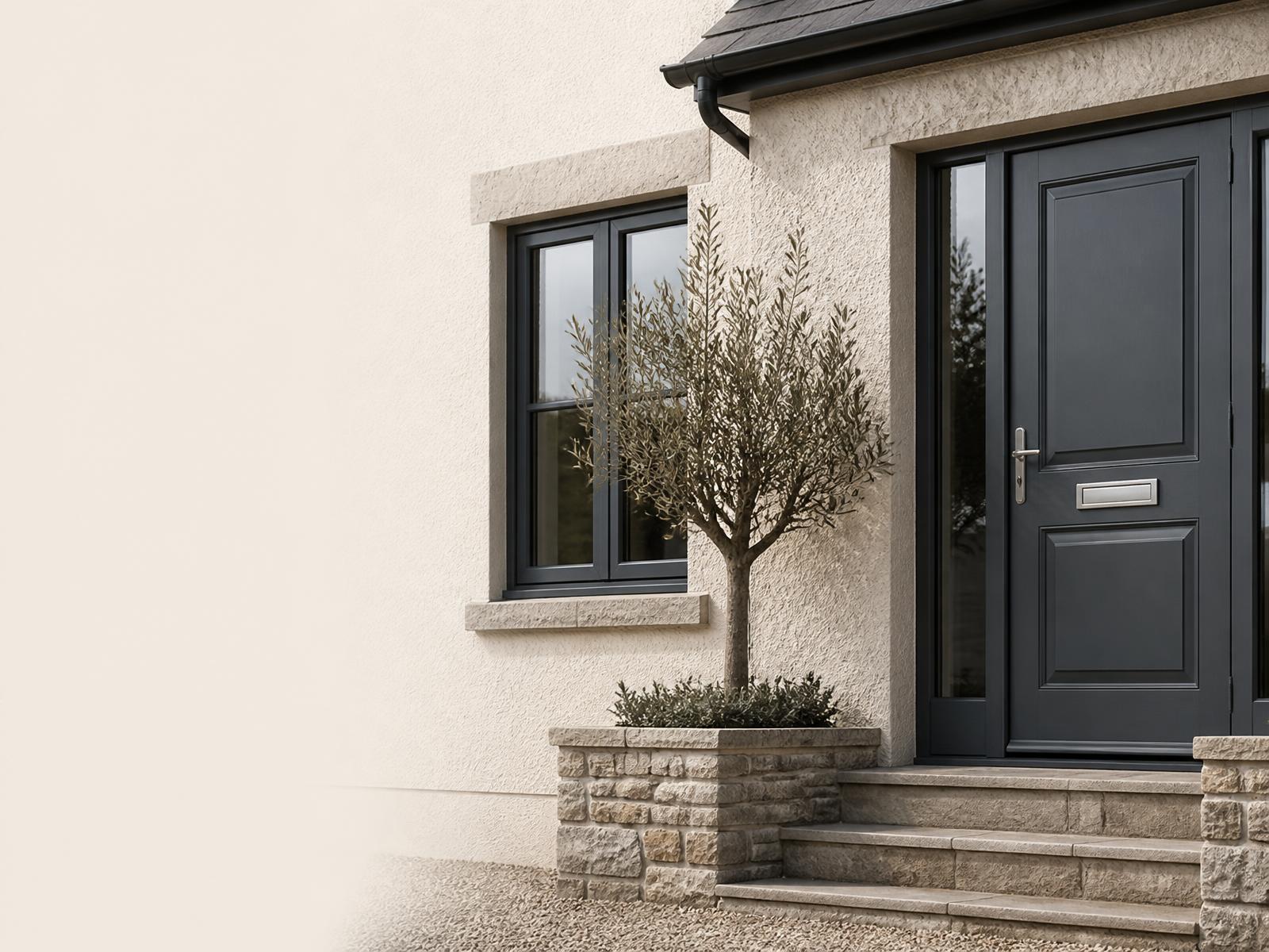 Modern Irish home with white UPVC windows and dark front door